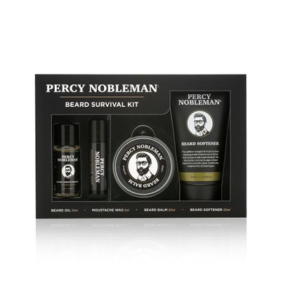 Percy Nobleman Beard Survival Kit, a Beard Grooming Kit containing a scented beard oil, beard balm, moustache wax, and a beard softener