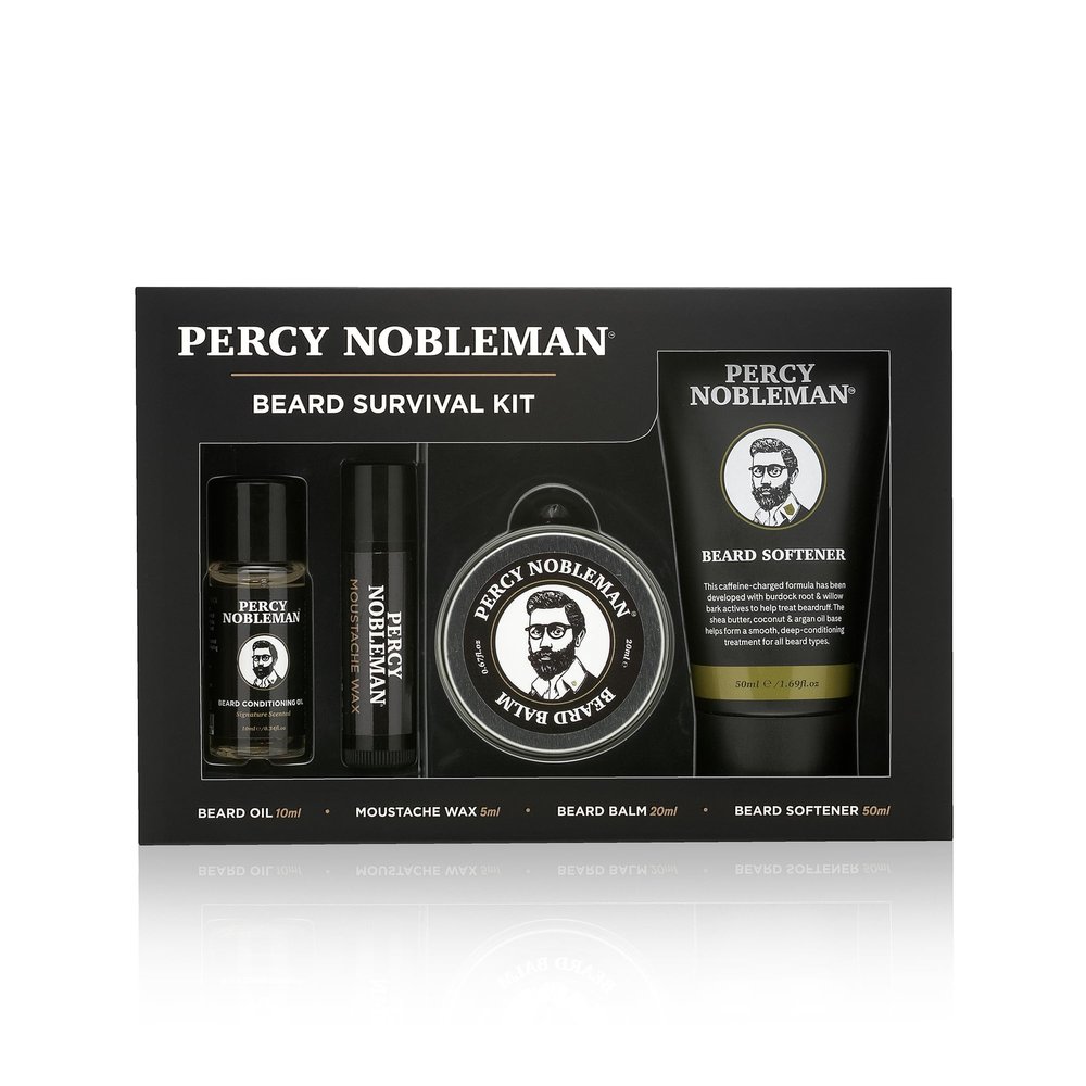 Percy Nobleman Beard Survival Kit, a Beard Grooming Kit containing a scented beard oil, beard balm, moustache wax, and a beard softener