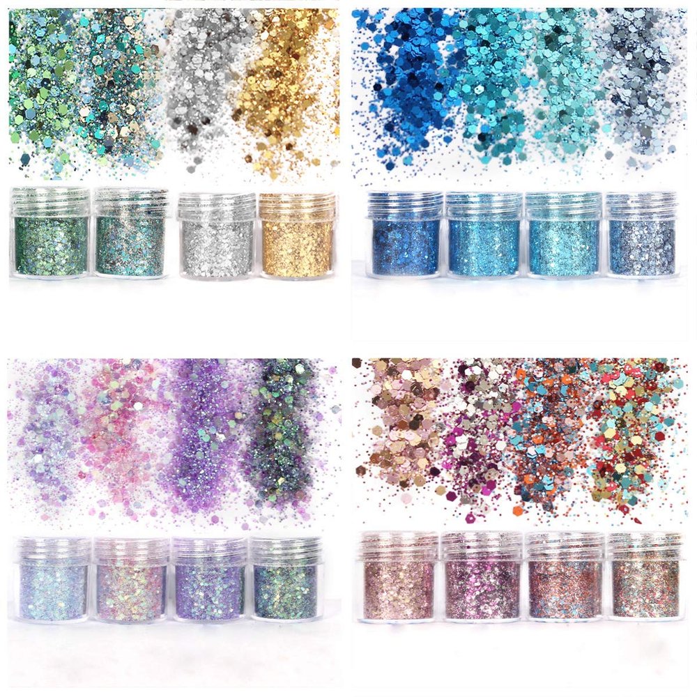 Aunifun Body Glitter 16 Colors Chunky Glitter for Body Face Hair Make Up Nail Art Mixed Color Glitter