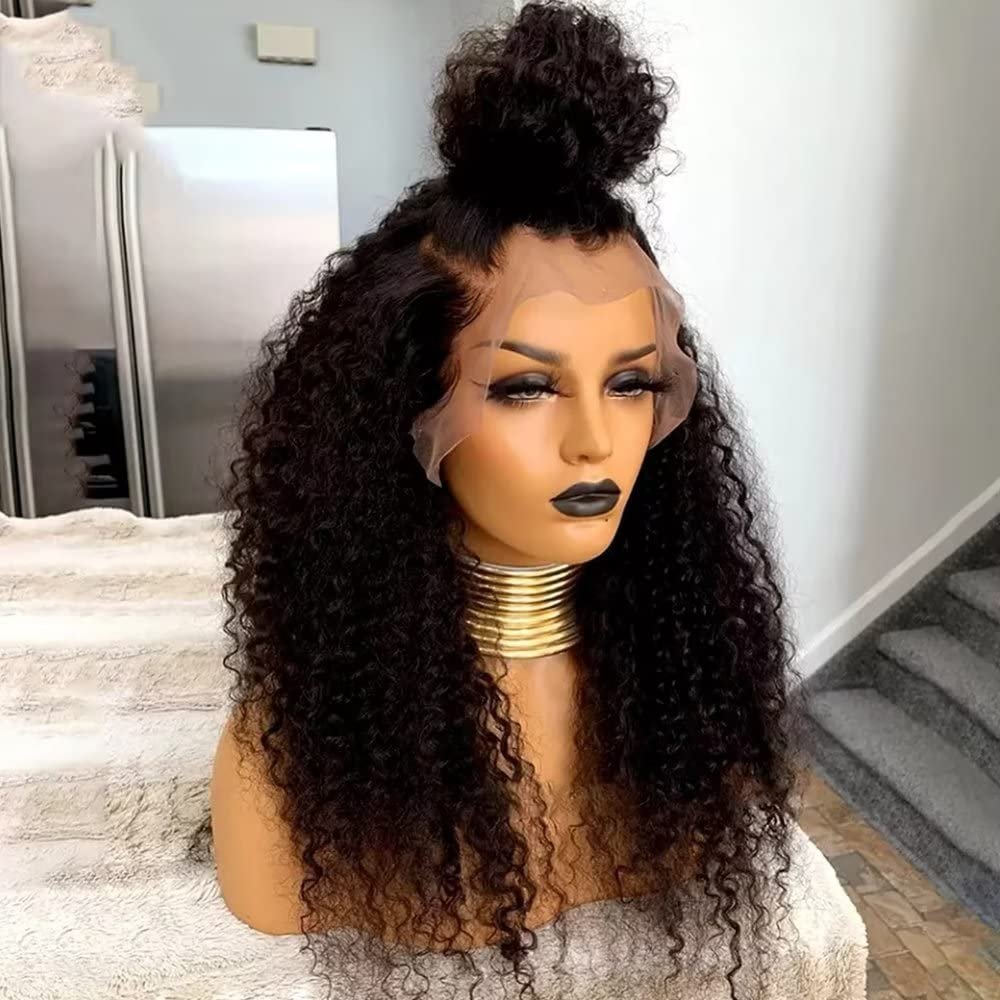 180 Density Deep Kinky Curly Free Part HD Invisible 13X6 Lace Front Wig for Black Women Baby Hair Brazilian Glueless 13x6 Transparent Lace Frontal Human Hair Wig Pre Plucked Bleached Knots 24 inch