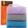 UJFQBH 3 Pieces African exfoliating net African Net Long Net Bath Sponge Exfoliating Shower Body Scrubber Back Scrubber Skin Smoother,Great for Daily Use (Purple Gray Blue) view 1