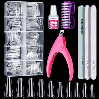 Teenitor Clear Coffin Nail Tips Kit, Clear Nail Tips Half Cover Coffin Fake Nail Tips Long, 500 Pcs Acrylic Half Cover Ballerina French Nail Tips With Glue, Acrylic Nail Clipper