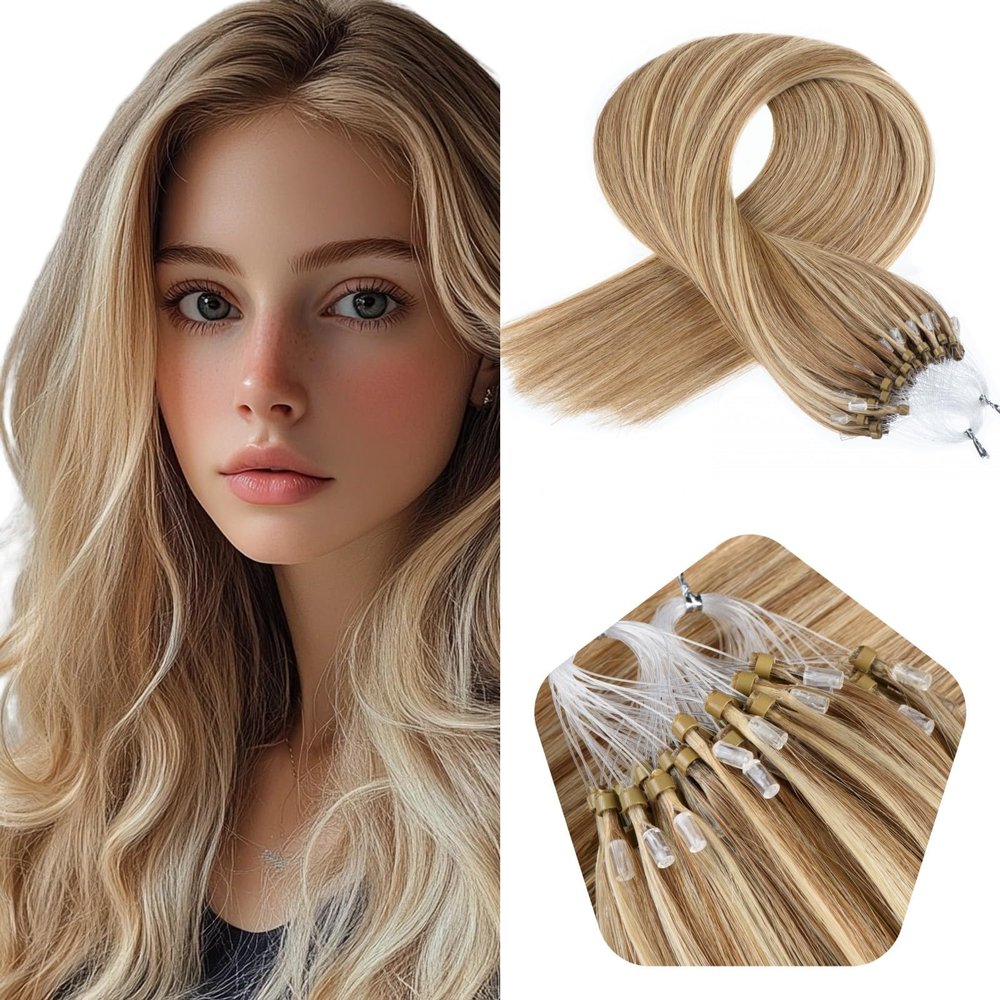 14 Inch Microbead Hair Extensions Human Hair #8/613 Brown with Blonde Micro Loop Human Hair Extensions 1g/Strand 50g Micro Link Extensions Hair