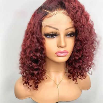 1B Burgundy Short Bob Curly Wigs Human Hair Wigs Water Wave 13x4 HD Transparent Lace Front Wig With Baby Hair Brazilian Remy Hair Pre Plucked Natural Hairline Bleached Knots 150% Density 18 Inch
