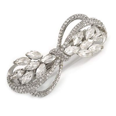 Bridal Wedding Prom Silver Tone Diamante Bow Barrette Hair Clip Grip - 85mm Across