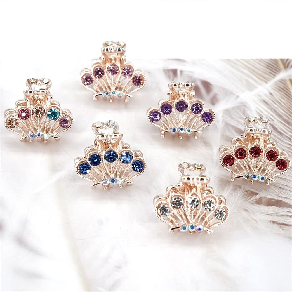 6 PCS 1.2 Inch Hair Clips for Thin Hair, Small Size Non-slip Matte Claw Clips Women, Double Row Teeth Jaw Clips with Crystal (Little crown)