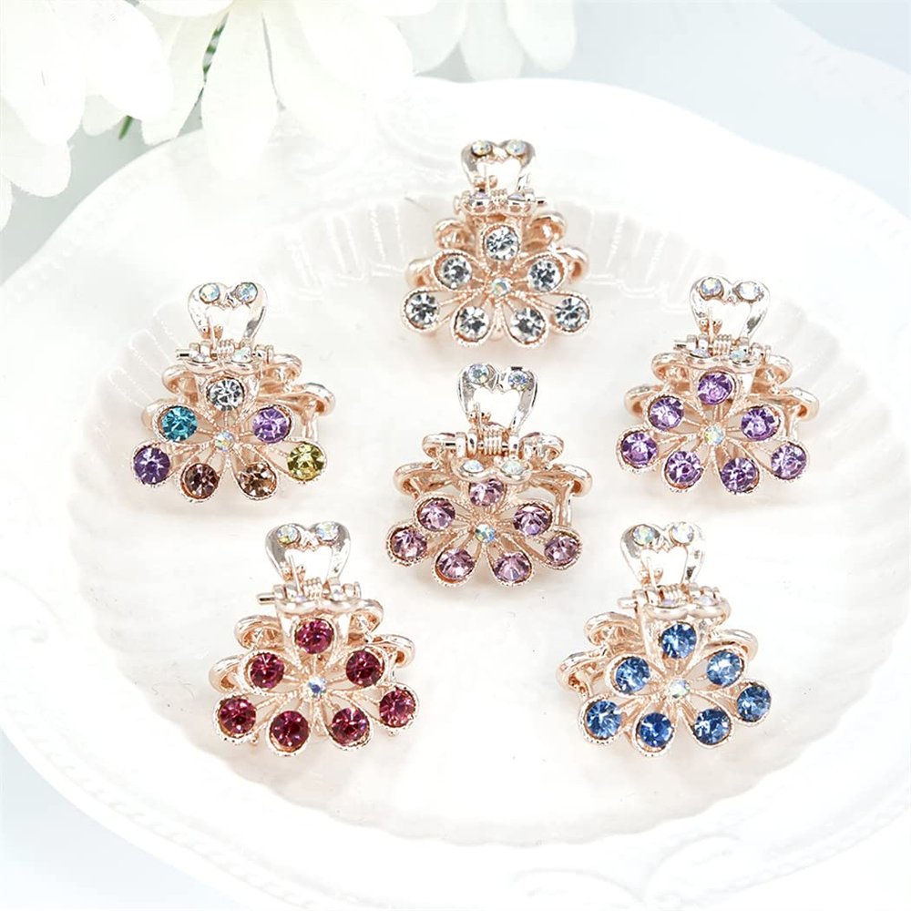 6 PCS 1 Inch Hair Clips for Thin Hair, Small Size Non-slip Matte Claw Clips Women, Double Row Teeth Jaw Clips with Crystal (Flower tassel)