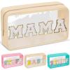Chenille Letter Clear Makeup Bags Mama Pouch, Preppy Patch Makeup Bag with Zipper, Transparent PVC & Nylon Waterproof Portable Glitter Cosmetic Bag Travel Toiletry Storage for Women Girls(MAMA-Beige) view 1