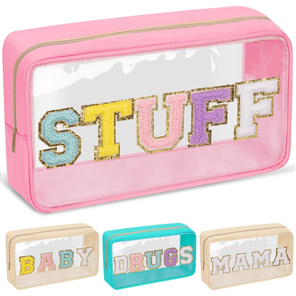 Chenille Letter Clear Makeup Bags Stuff Pouch, Preppy Patch Makeup Bag with Zipper, Transparent PVC & Nylon Waterproof Portable Glitter Cosmetic Bag Travel Toiletry Storage for Women Girls(STUFF-Pink)