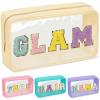 Chenille Letter Clear Makeup Bags Glam Pouch, Preppy Patch Makeup Bag with Zipper, Transparent PVC & Nylon Waterproof Portable Glitter Cosmetic Bag Travel Toiletry Storage for Women Girls(GLAM-Beige) view 1