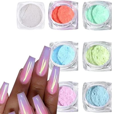 White Mermaid Chrome Powder Nail Glitter, 7 Colors Iridescent Aurora Chrome Rubbing Dust Neon Mirror Pigment Rainbow Holographic Chameleon Powder for Nail Decorations 7 Jars