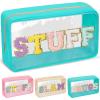 Chenille Letter Clear Makeup Bags Stuff Pouch, Preppy Patch Makeup Bag with Zipper, Transparent PVC & Nylon Waterproof Portable Glitter Cosmetic Bag Travel Toiletry Storage for Women Girl(STUFF-Green) view 1