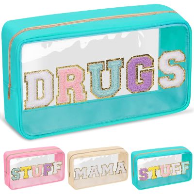 Chenille Letter Clear Makeup Bags Drugs Pouch, Preppy Patch Makeup Bag with Zipper, Transparent PVC & Nylon Waterproof Portable Glitter Cosmetic Bag Travel Toiletry Storage for Women Girl(DRUGS-Green)