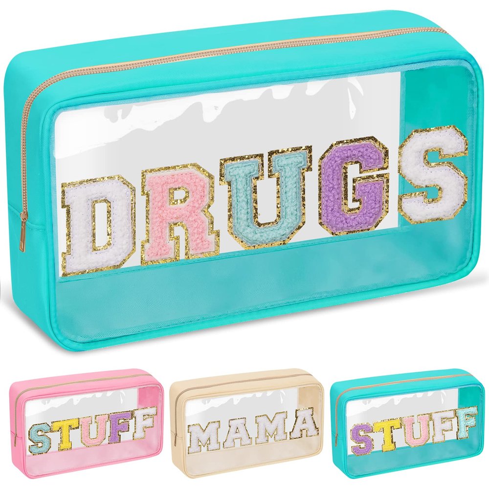 Chenille Letter Clear Makeup Bags Drugs Pouch, Preppy Patch Makeup Bag with Zipper, Transparent PVC & Nylon Waterproof Portable Glitter Cosmetic Bag Travel Toiletry Storage for Women Girl(DRUGS-Green)
