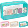 Chenille Letter Clear Makeup Bags Drugs Pouch, Preppy Patch Makeup Bag with Zipper, Transparent PVC & Nylon Waterproof Portable Glitter Cosmetic Bag Travel Toiletry Storage for Women Girl(DRUGS-Green) view 1