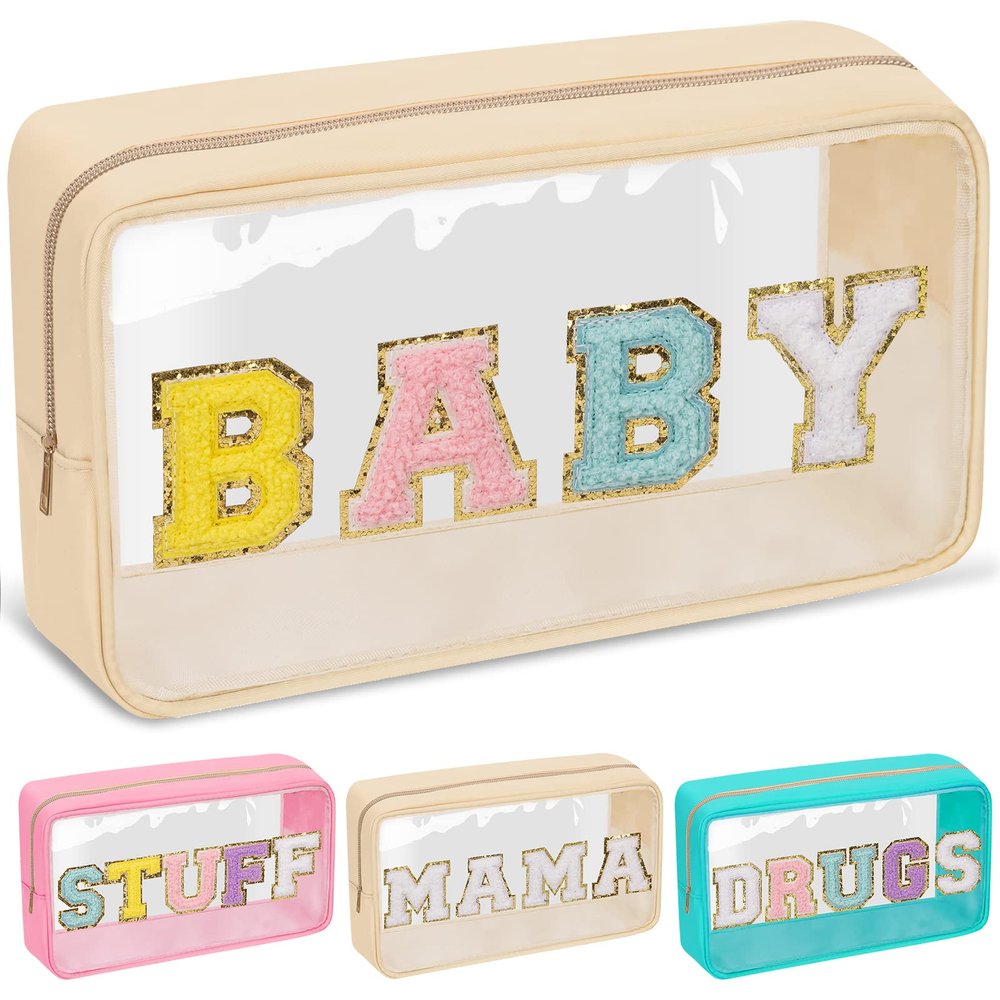 Chenille Letter Clear Makeup Bag with Zipper and Waterproof Nylon