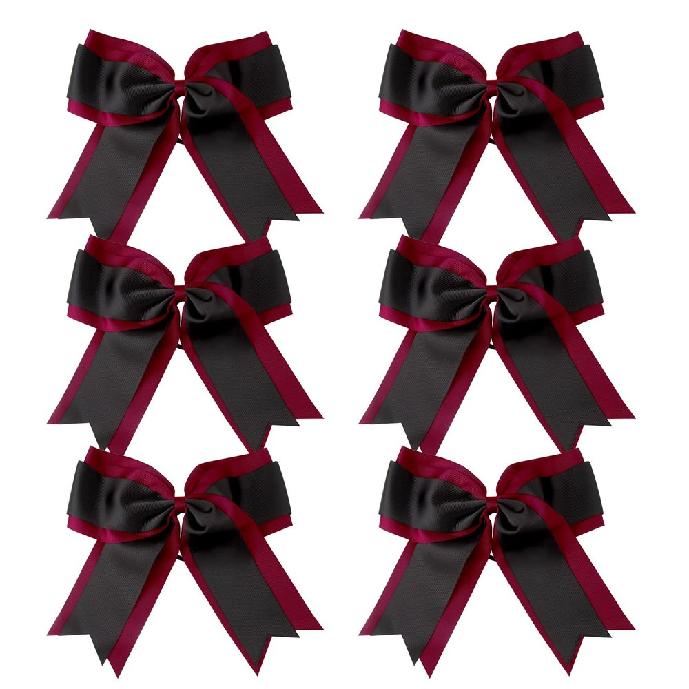 8 Inch 2 Colors Cheerleader Bows 2 Layers 6 Pcs Ponytail Holder Cheerleading Bows Hair Elastic Hair Tie (Maroon/Black)