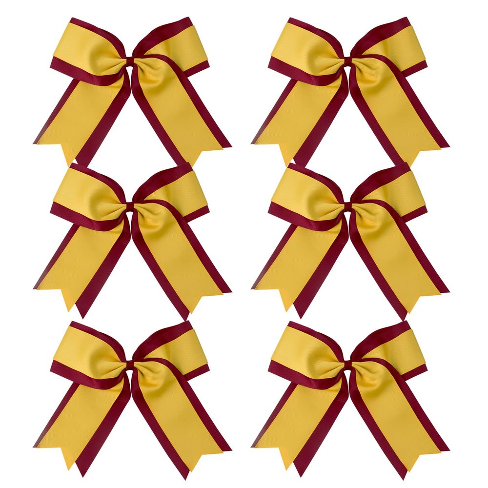 8 Inch 2 Colors Cheerleader Bows 2 Layers 6 Pcs Ponytail Holder Cheerleading Bows Hair Elastic Hair Tie (Maroon/Gold)