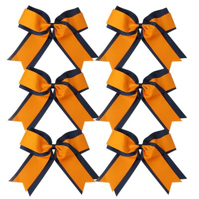 8 Inch 2 Colors Cheerleader Bows 2 Layers 6 Pcs Ponytail Holder Cheerleading Bows Hair Elastic Hair Tie (Navy Blue/Orange)