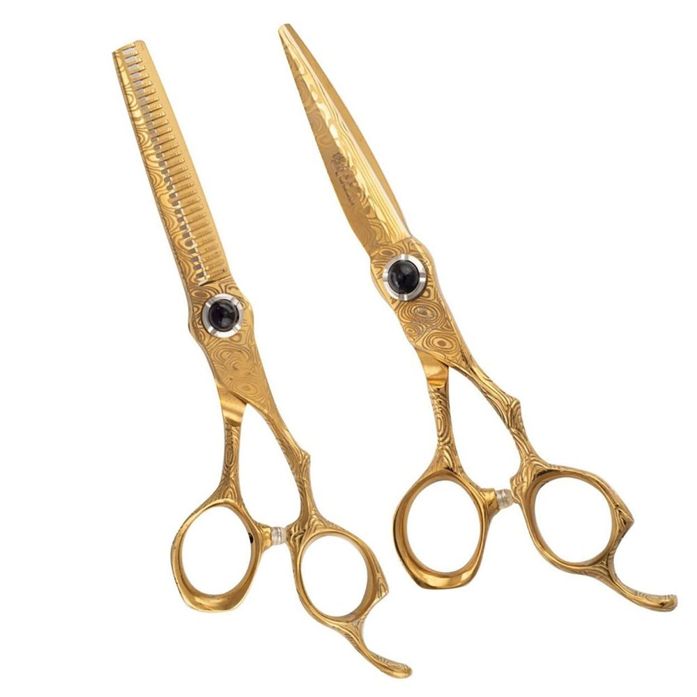 Professional Hair Cutting Shears, 6 Inch Professional Golden Damascus Hair Scissors Cutting Barber Haircut Thinning Shears Hairdresser Scissors set (Size : Set)