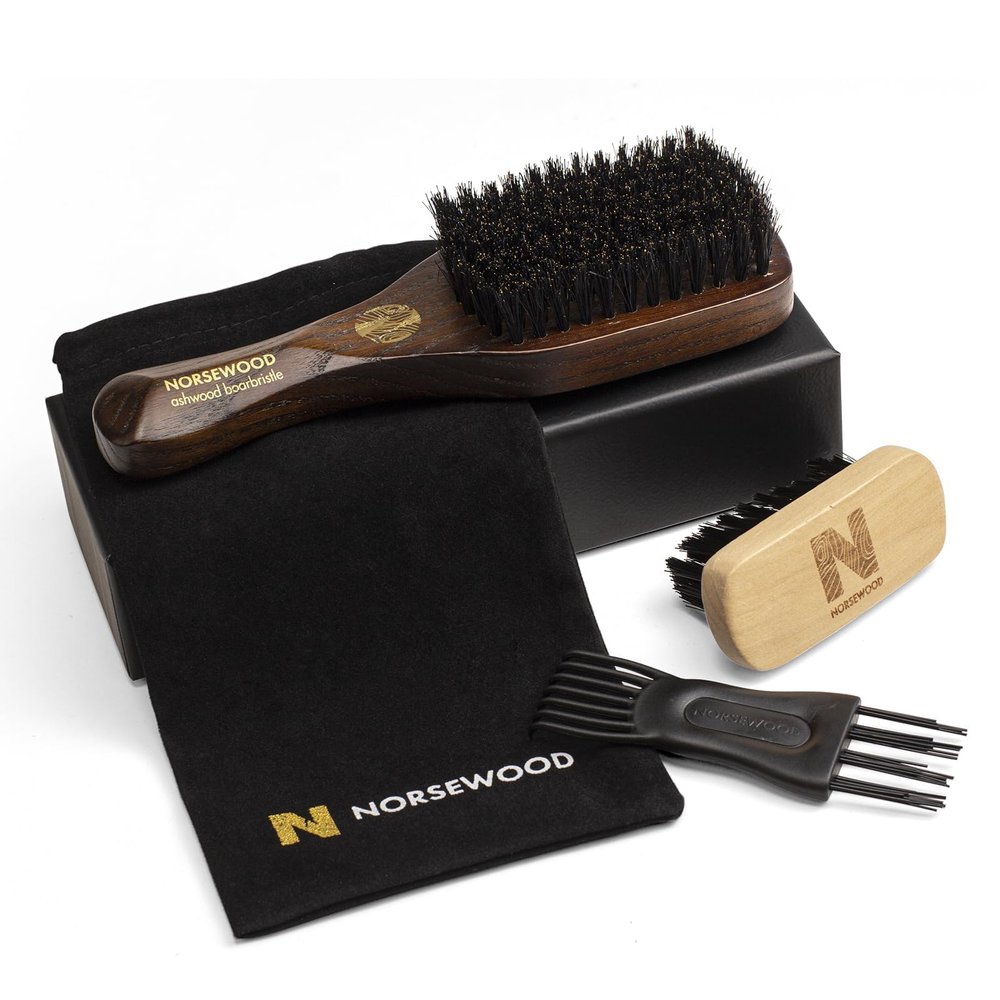 NORSEWOOD Boar Bristle Brush for Shine and Texture - Stiff Bristles for Medium Hair/Beards, Cleaning Brush Included