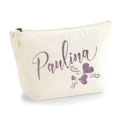 Personalized Name Initials Text 3 Heart Swirl Design Make Up Accessory Bag Cosmetic Case with Texture Print - Rose Gold Glitter - S Natural