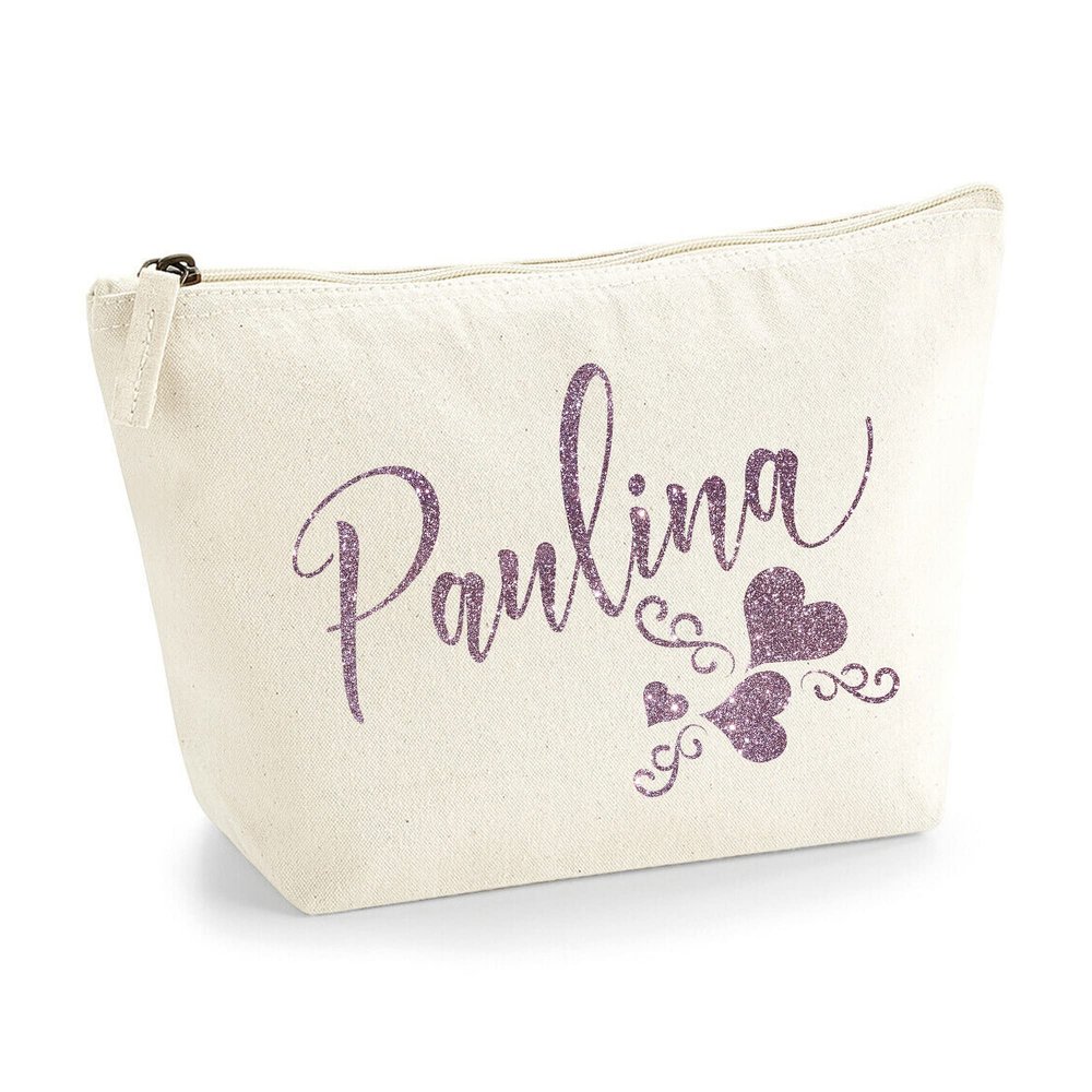 Personalized Name Initials Text 3 Heart Swirl Design Make Up Accessory Bag Cosmetic Case with Texture Print - Rose Gold Glitter - S Natural