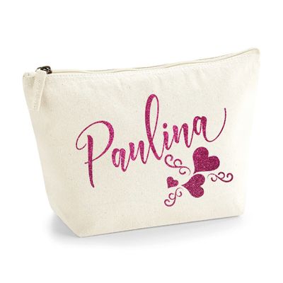 Personalized Name Initials Text 3 Heart Swirl Design Make Up Accessory Bag Cosmetic Case with Texture Print - Pink Glitter - S Natural