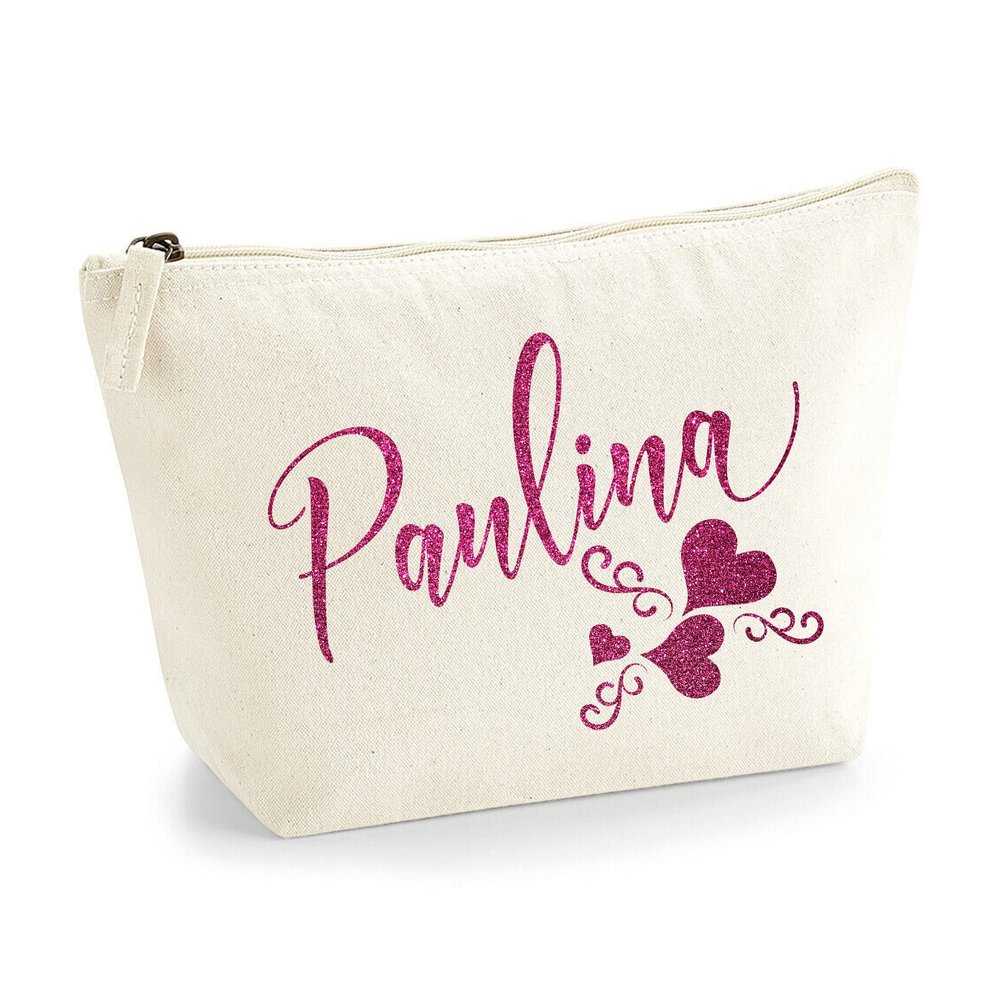 Personalized Name Initials Text 3 Heart Swirl Design Make Up Accessory Bag Cosmetic Case with Texture Print - Pink Glitter - S Natural