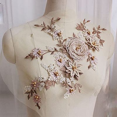 HXSCOO 3D Flowers Handmade Pearls Crystal Rhinestone Patch Wedding Dress Applique Accessories (Color : Coffee)