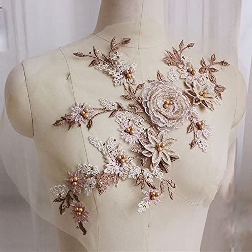 HXSCOO 3D Flowers Handmade Pearls Crystal Rhinestone Patch Wedding Dress Applique Accessories (Color : Coffee)