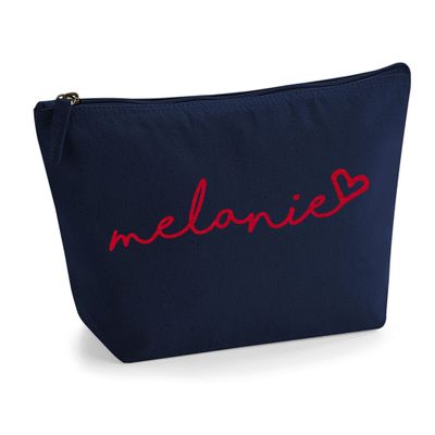 Personalized Handwritten Name Initials Text and Heart Design Make Up Accessory Bag Cosmetic Case with Texture Print - Red Flock - S Navy