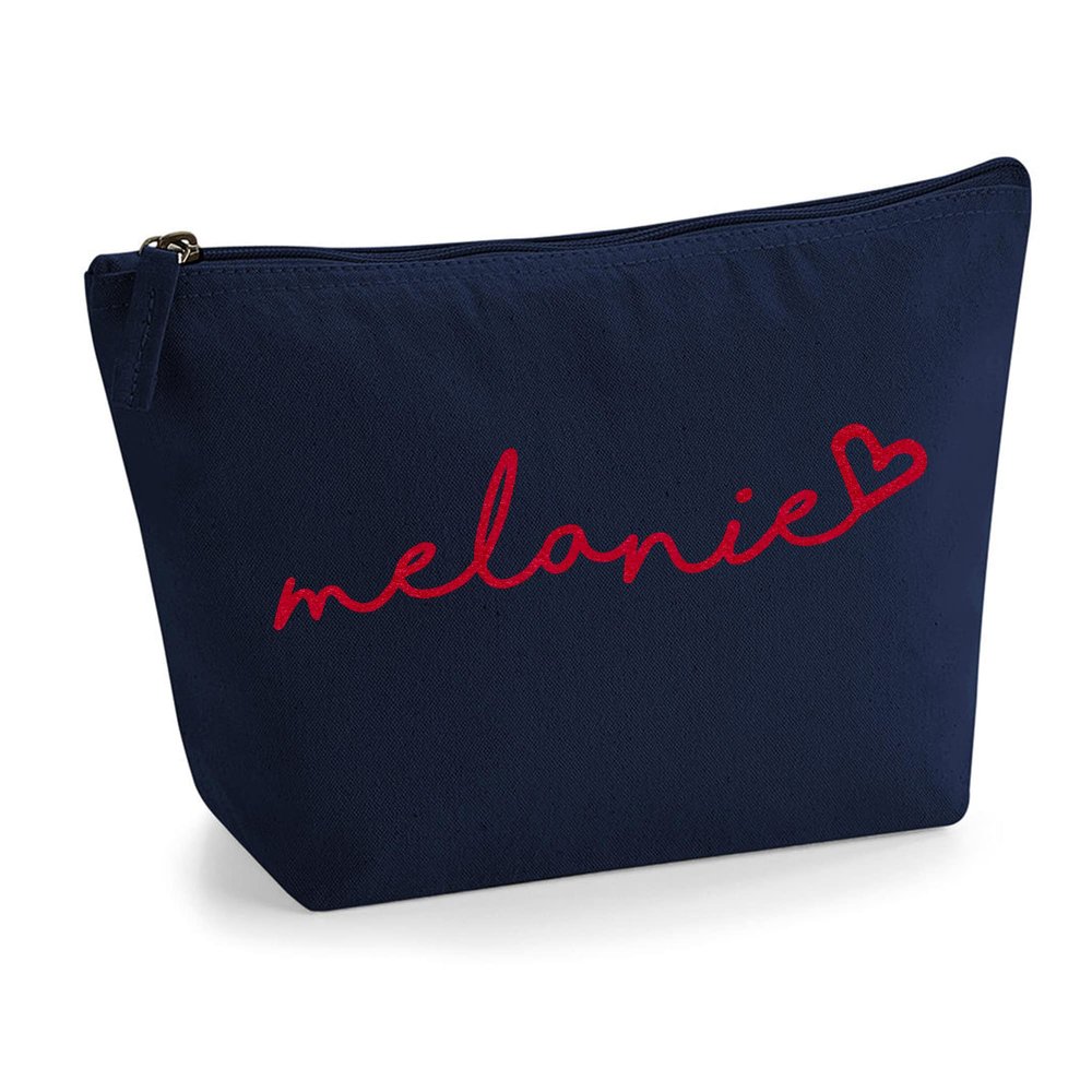 Personalized Handwritten Name Initials Text and Heart Design Make Up Accessory Bag Cosmetic Case with Texture Print - Red Flock - S Navy