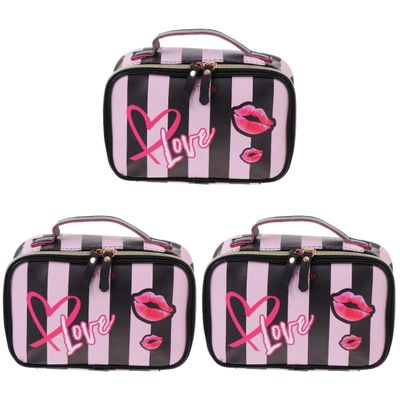 Zerodeko 3pcs Chic Striped Makeup Pouch Portable Travel Wash Bag for Women Easy to Carry Pu Material for Cosmetics Organizer and Toiletries Stylish and Design
