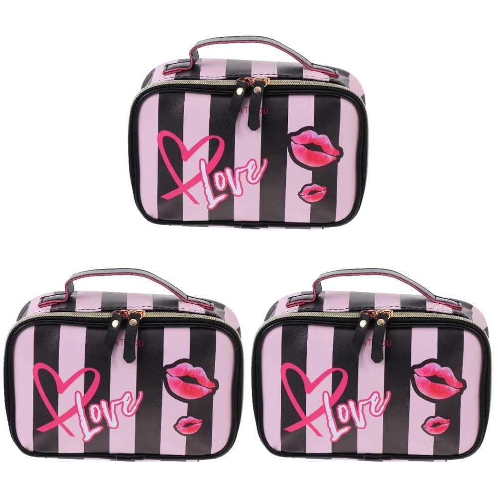 Zerodeko 3pcs Chic Striped Makeup Pouch Portable Travel Wash Bag for Women Easy to Carry Pu Material for Cosmetics Organizer and Toiletries Stylish and Design