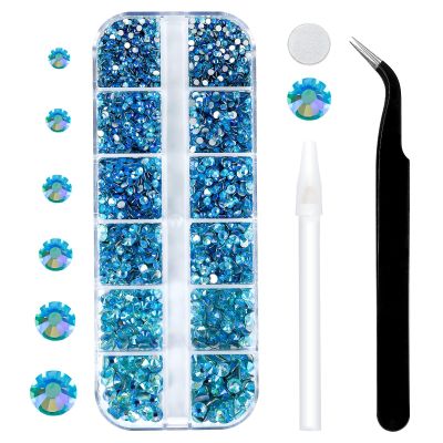 3792 Pcs Aquamarine AB Flatback Rhinestones Set for Nail, Art, Crafts, Makeup, Tumblers Glitter Round with Tweezers and Picking Pen(SS6~SS20)