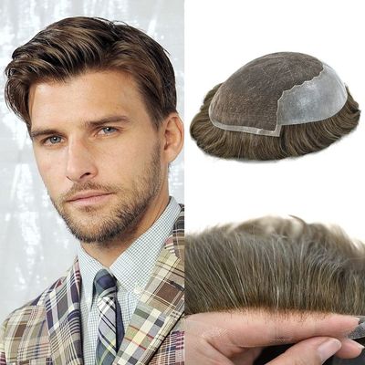 Hair Toupee For Men Real Human Hair Pieces Swiss Lace Front Mens Toupee Dentate Skin Breathable Bleached Knots Natural Hairline Real Human Hair Units For Men Hair Replacement Sytems US Stock. (8X10"-100% light to medium density, #610 6# LIGHT BROWN+1