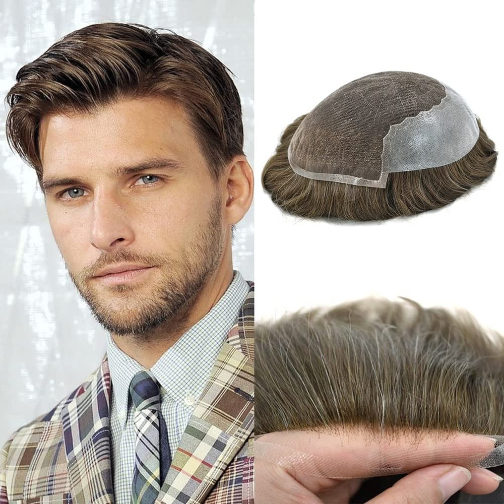 Hair Toupee For Men Real Human Hair Pieces Swiss Lace Front Mens Toupee Dentate Skin Breathable Bleached Knots Natural Hairline Real Human Hair Units For Men Hair Replacement Sytems US Stock. (8X10"-100% light to medium density, #610 6# LIGHT BROWN+1
