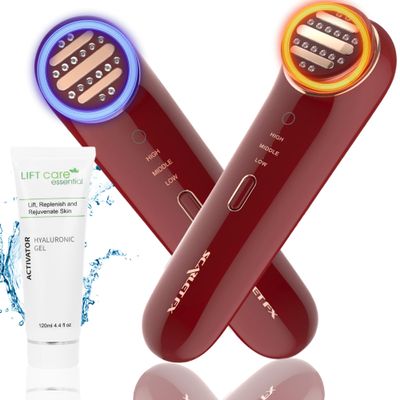 3-In-1 Skin tightening device w/ duo red and blue led light therapy for face facial heating rejuvenation massager includes hyaluronic toner gel