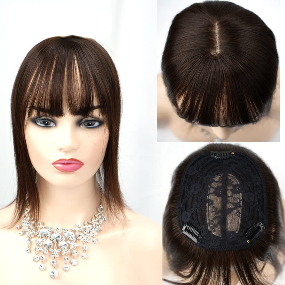 13*13cm Remy Hair Topper For Women Straight Real Human Hair Piece Clip In Hair Extensions With Air Bangs for Thinning or Loss Hair (14inch, dark brown color 2)