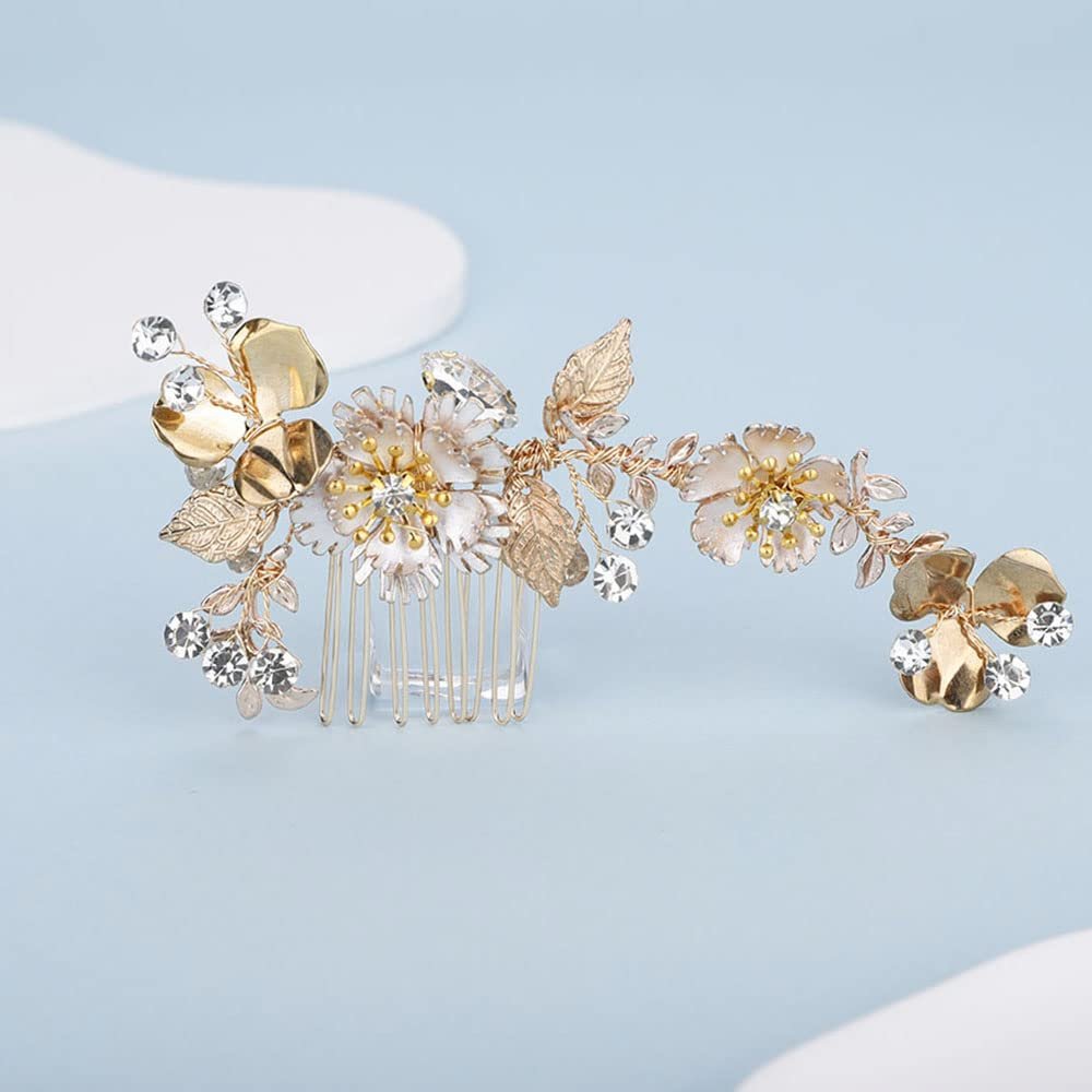 Chargances Hair Comb, Gold, 5in*2.5in, Rhinestone, Crystal, Handmade, for Bridal, Bridesmaids or Flower Girls in the Wedding, Festivals, Photography, Seaside Beach, and DIY Guarantee