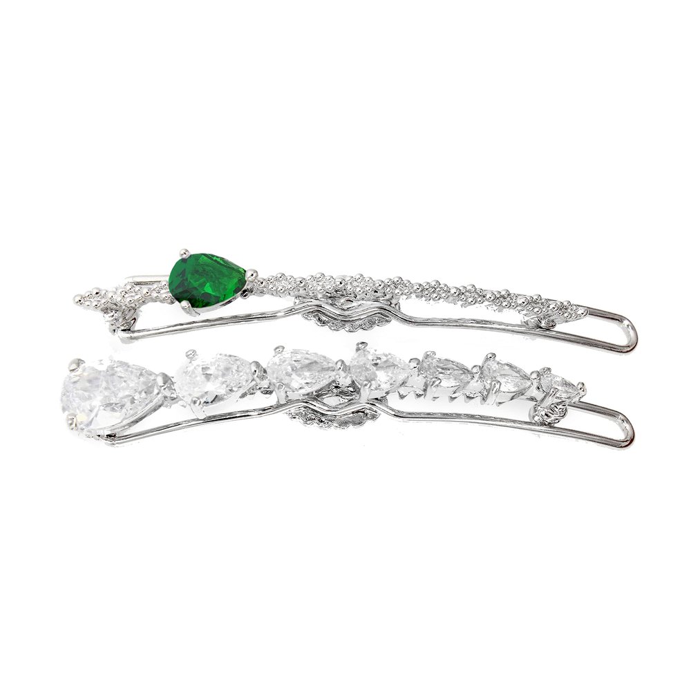 Small Practical Cute Lovely 2pcs 7pcs Pearl Gold Silver-Plated Zirconia Cubic Hairpin Accessories for Women Clip Sets (2pcs Green)