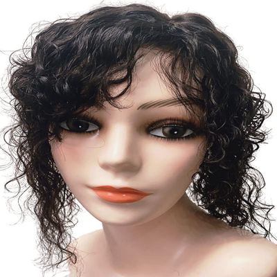 BESTOPPER 6.3*7.1in Curly/Wavy Hair Toppers For Women,Large Silk Base Real Human Hair Hairpieces Toupee Wiglet for Severely Thinning Hair (off black,14in-right part)