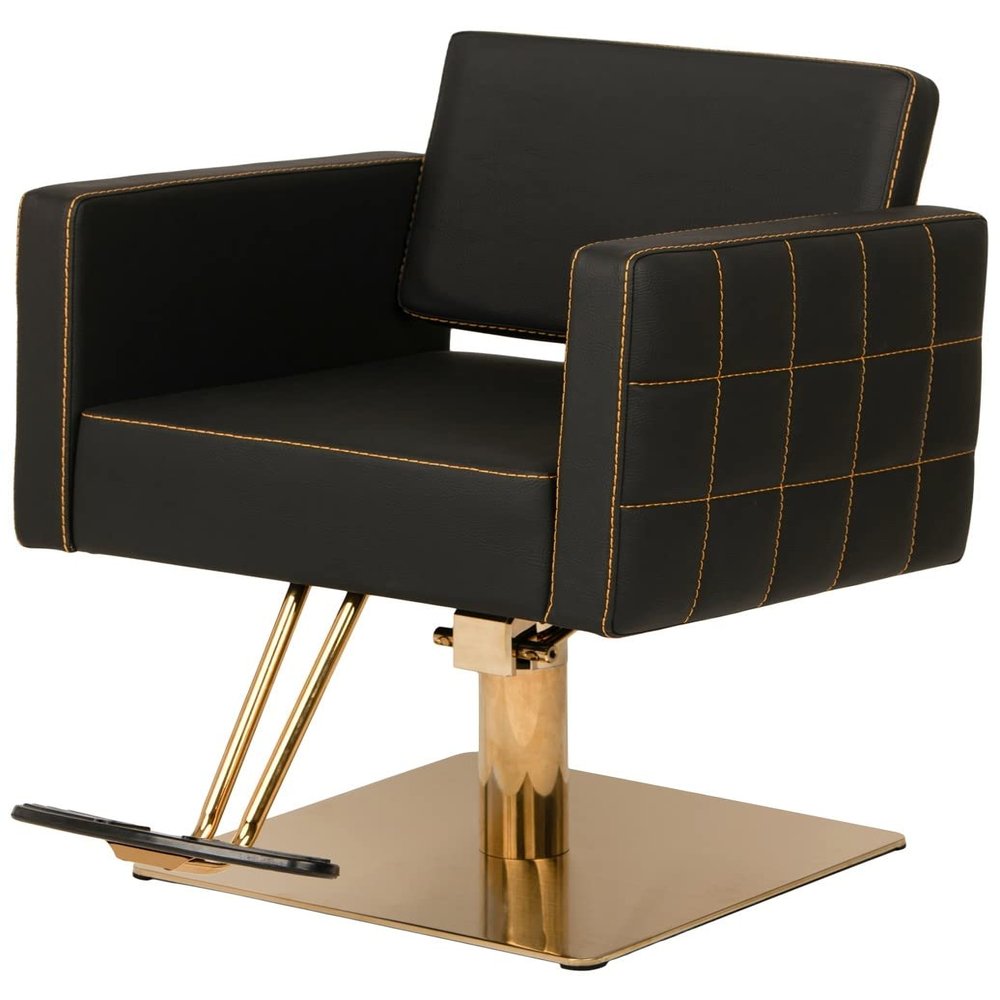 Buy-Rite Zara Styling Chair with Gold Stitching, Extra Wide Seat, Square Gold Base & Footrest - Modern Black Tufted Salon Chair for Hair Stylists & Barbers, Wipe-Clean Design, YLG-192-GOLD