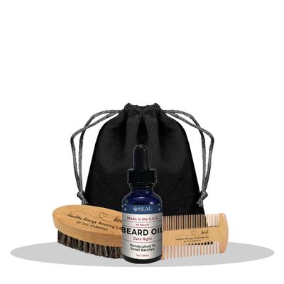 Happy Energy Amazing Life Harmonys Beard Oil Gift Set Date Night Beard Oil, Beard Comb, Beard Brush and travel bag for smooth, silky facial hair. Best gifts for men.