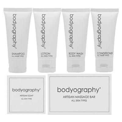 World Amenities Bodyography Blanc Mini Travel Size Toiletries Bathroom Kit | Vanilla White Tea| Shampoo, Conditioner, Body Wash, Lotion, Artisan Soap and Massage Bar