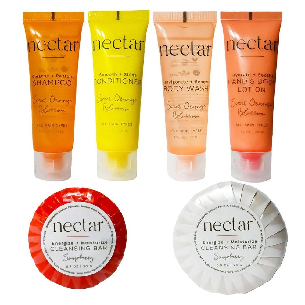 World Amenities Nectar Mini Travel Size Toiletries Bathroom Kit | Sweet Orange Blossom| Shampoo, Conditioner, Body Wash, Lotion, Two Round Cleansing Bars and Body Bar