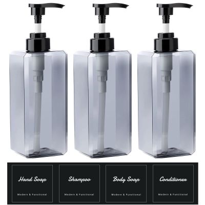 Suream 22oz Empty Plastic Bottles for Shampoo with Lables, 3Packs Bathroom Shower Containers, Refillable & Reusable Lotion Dispenser, Pump Press Bottles for Kitchen, Office, Hotel, Travel, SPA