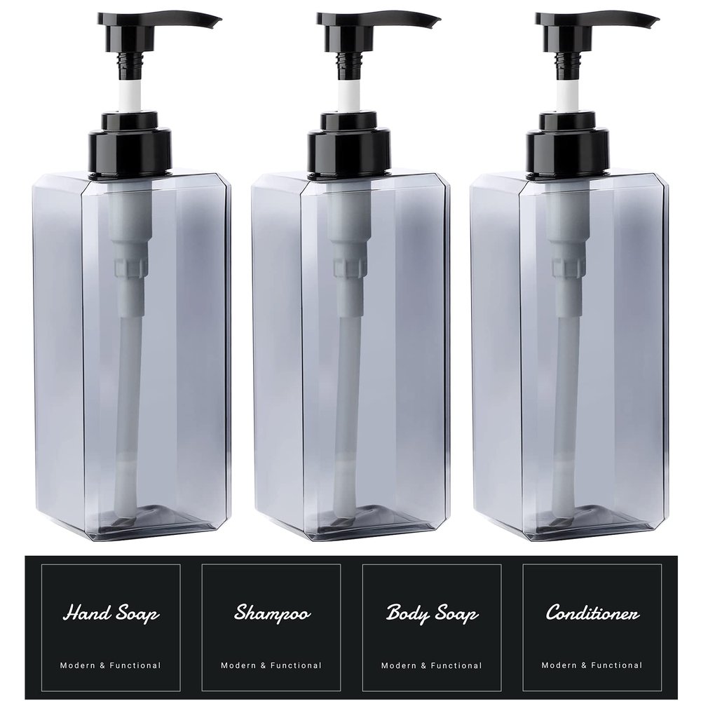 Suream 22oz Empty Plastic Bottles for Shampoo with Lables, 3Packs Bathroom Shower Containers, Refillable & Reusable Lotion Dispenser, Pump Press Bottles for Kitchen, Office, Hotel, Travel, SPA