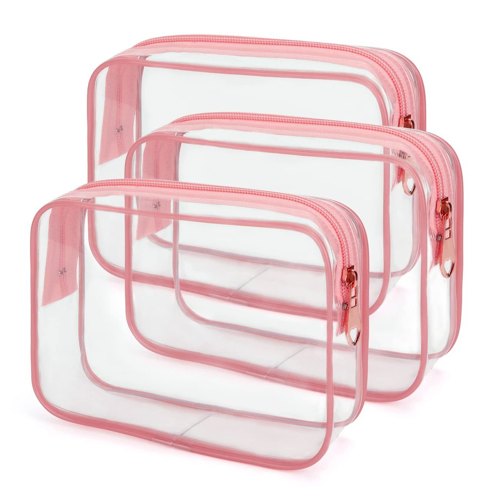 Wedama TSA Approved Toiletry Bag, Cosmetic Bags 3 Pack with Zipper Carry on Airline Airport Travel Accessories, PVC Makeup Bags for Travel, Quart Size Travel Bags for Men and Women-Pink
